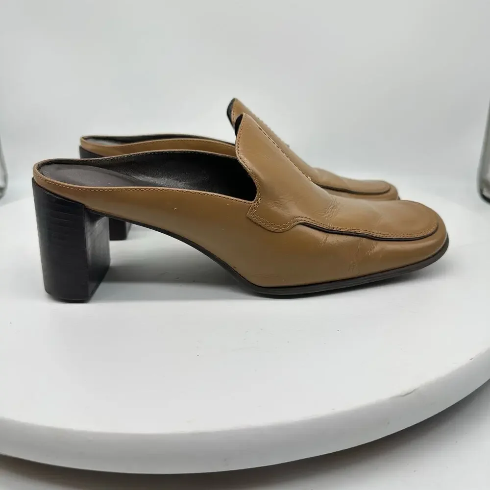Apostrophe Cognac Block Heel Leather Square Toe Mule Womens Size 7 Y2K Vintage